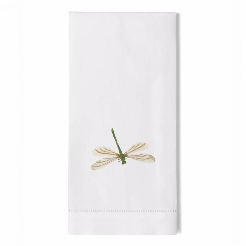 Henry Handwork-Dragonfly Guest Towel- on white cotton