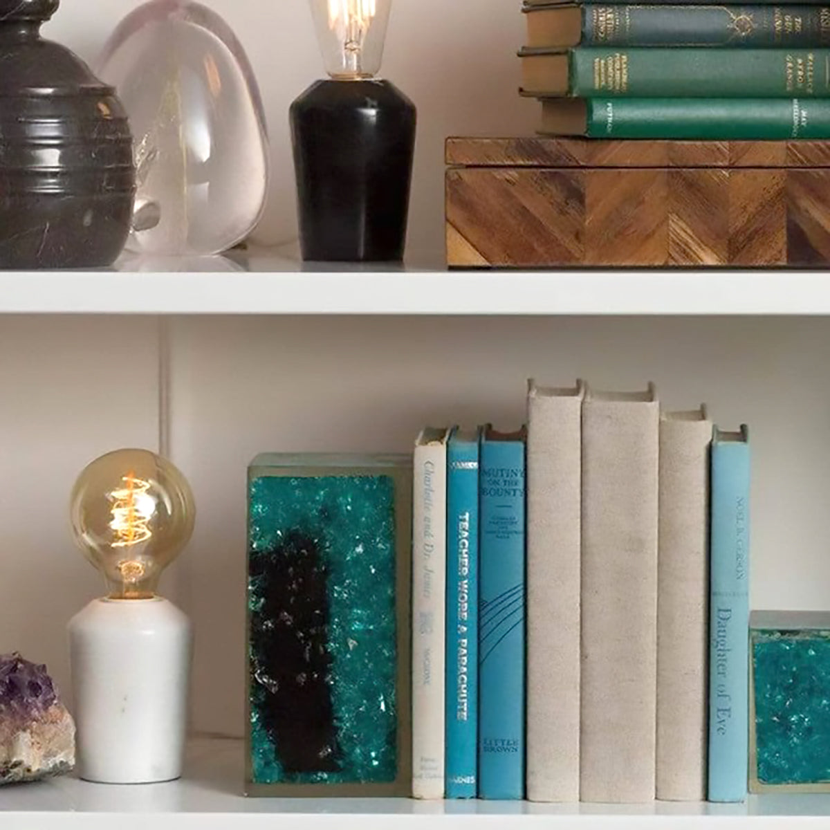 An image of Made Goods Grazia Bookcase Light - Crystal White Marble - Set of 2 with Bulb