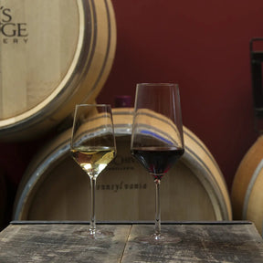 A pair of Fortessa Tritan Pure Sauvignon Blanc glasses on a wood table with Oak wood barrels in the background