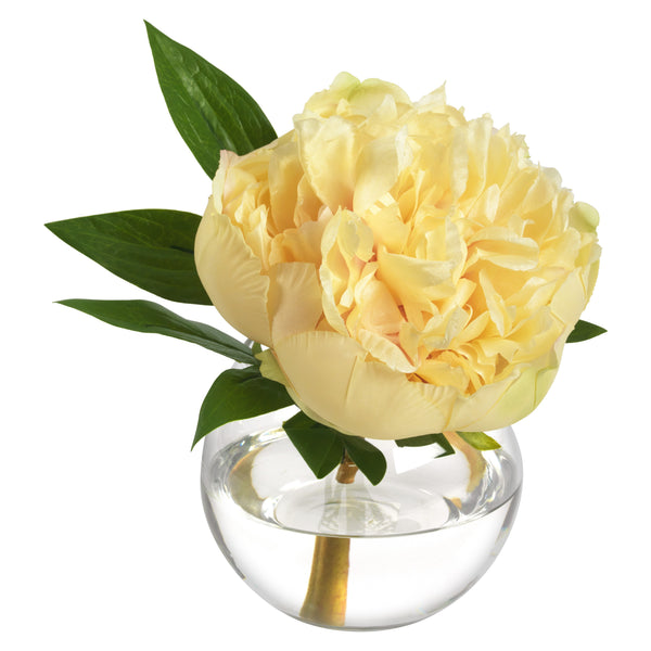 Diane James Yellow peony blossom in glass bowl - 7"d x 7" h