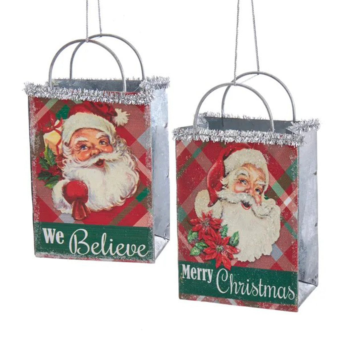 Kurt Adler Plaid We Believe Shop Bag with Santa Head