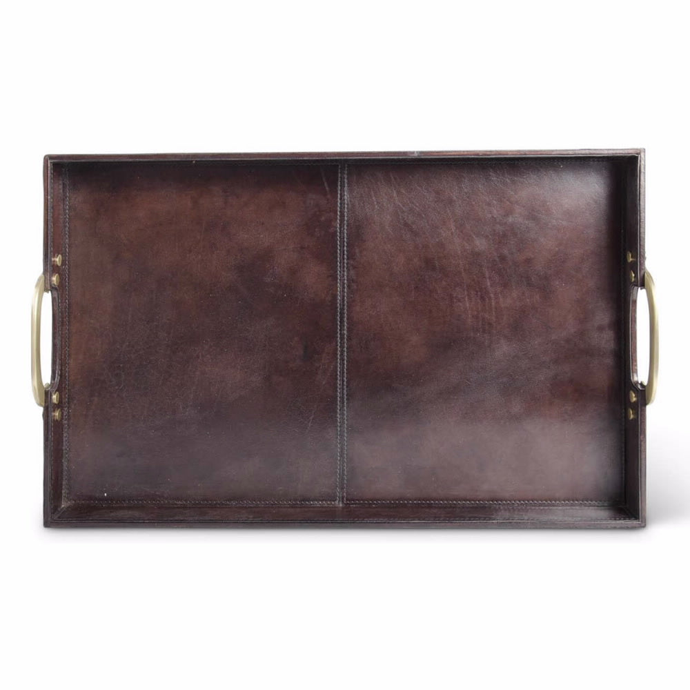 An image of K & K Brown Rectangle Leather Tray with Bronze Handles - Set of 2