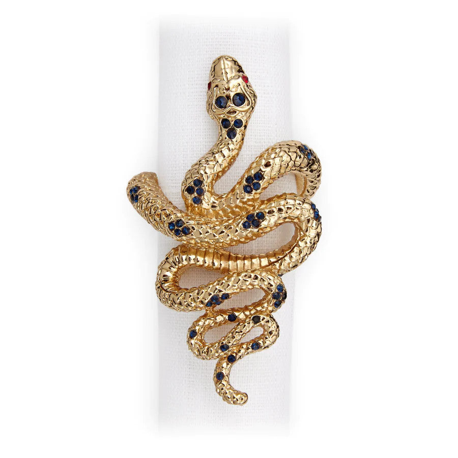 L'Objet Snake Gold/Blue Crystals Napkin Holder - Set of 4
