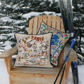 Catstudio Lake Tahoe Pillow outside in snow on chair