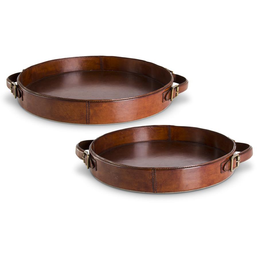 K&K Round Tan Leather Trays with Brass Buckle accents - Set of 2