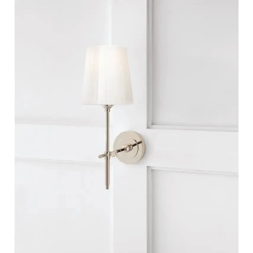 Close up of  Visual Comfort Bryant Sconce in Polished Nickel and White