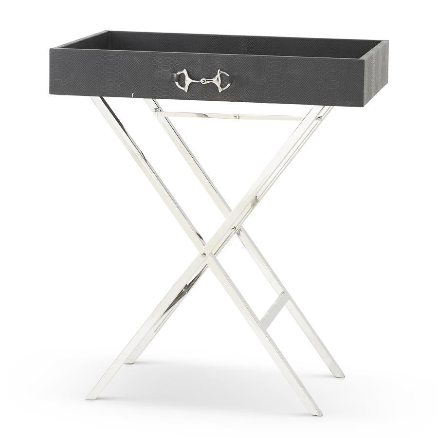 K & K 32" Black Leather Side Table with Removable Tray
