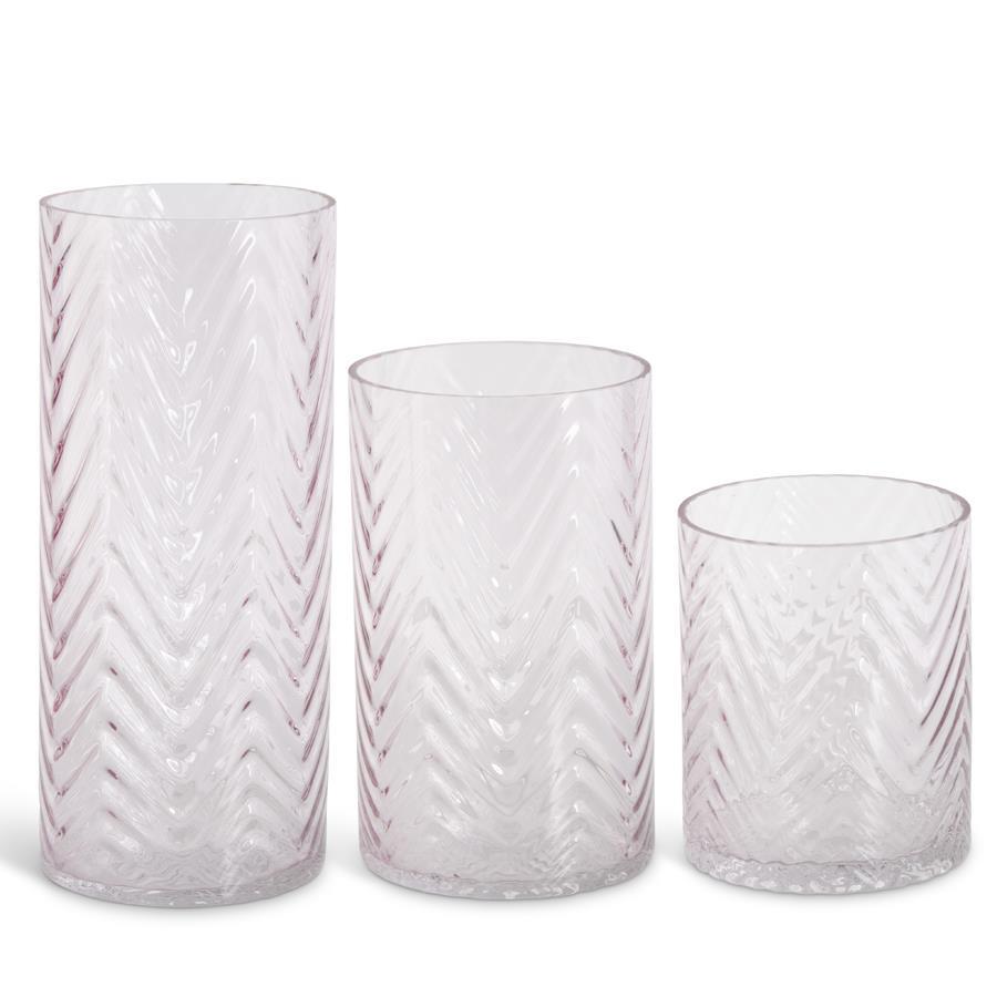 An image of K & K Transparent Pink Chevron Embossed Glass Vases - Set of 3