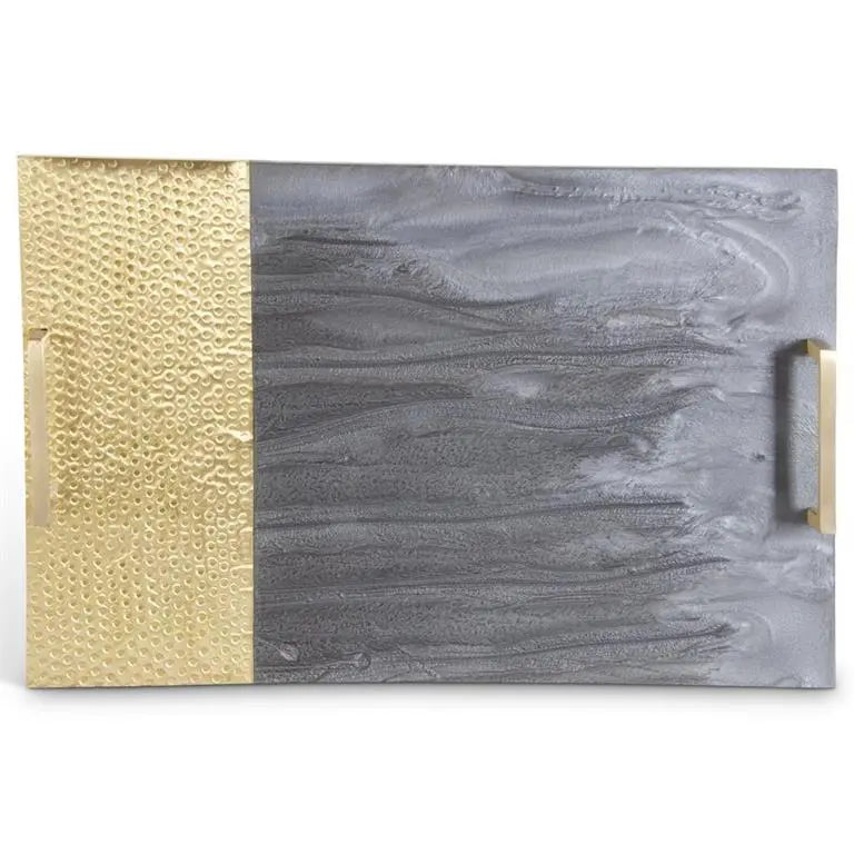 K and K Interiors Gray Marbled Resin and Textured Brass Serving Tray in a room