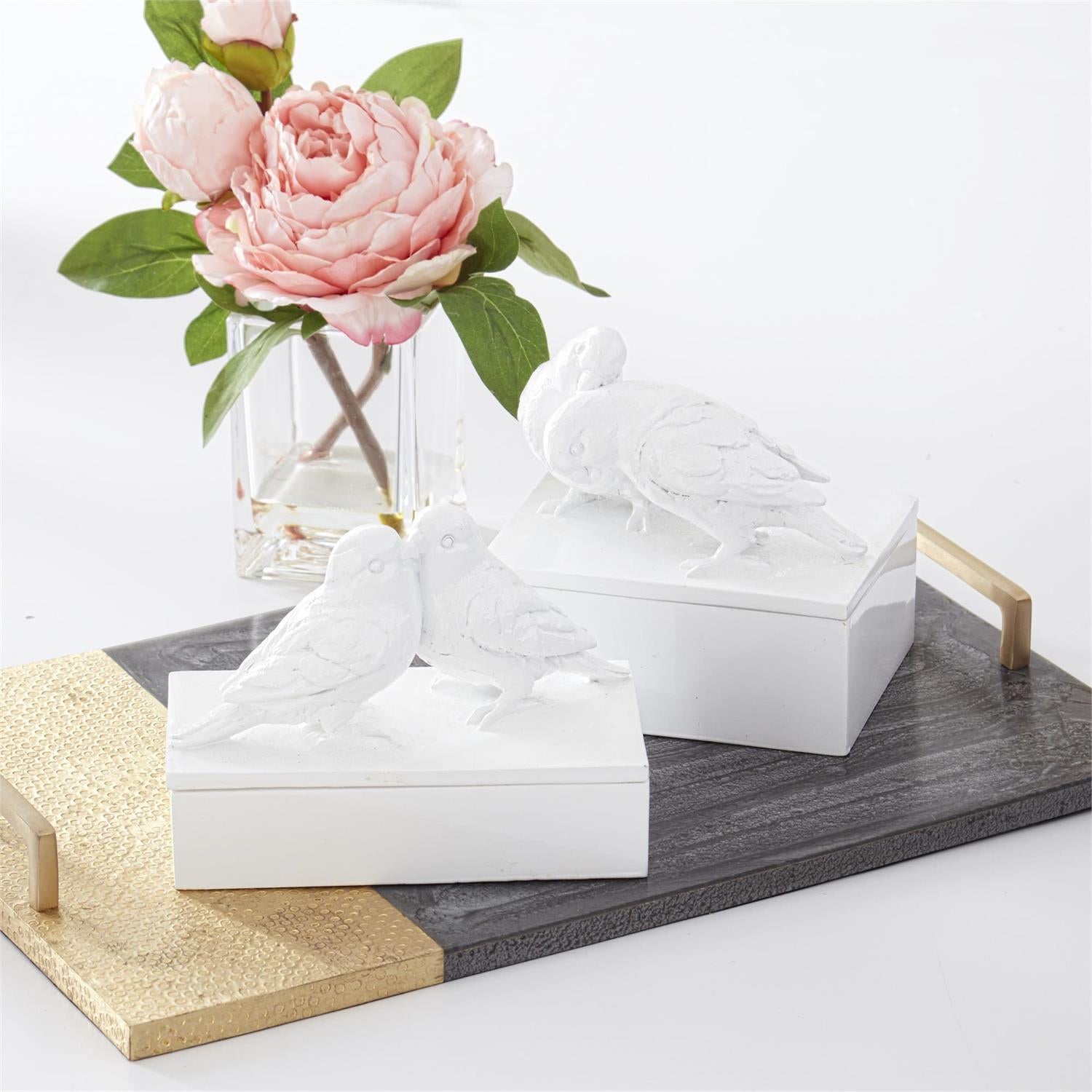 An image of K & K Interiors Gray Marbled Resin and Textured Brass Serving Tray