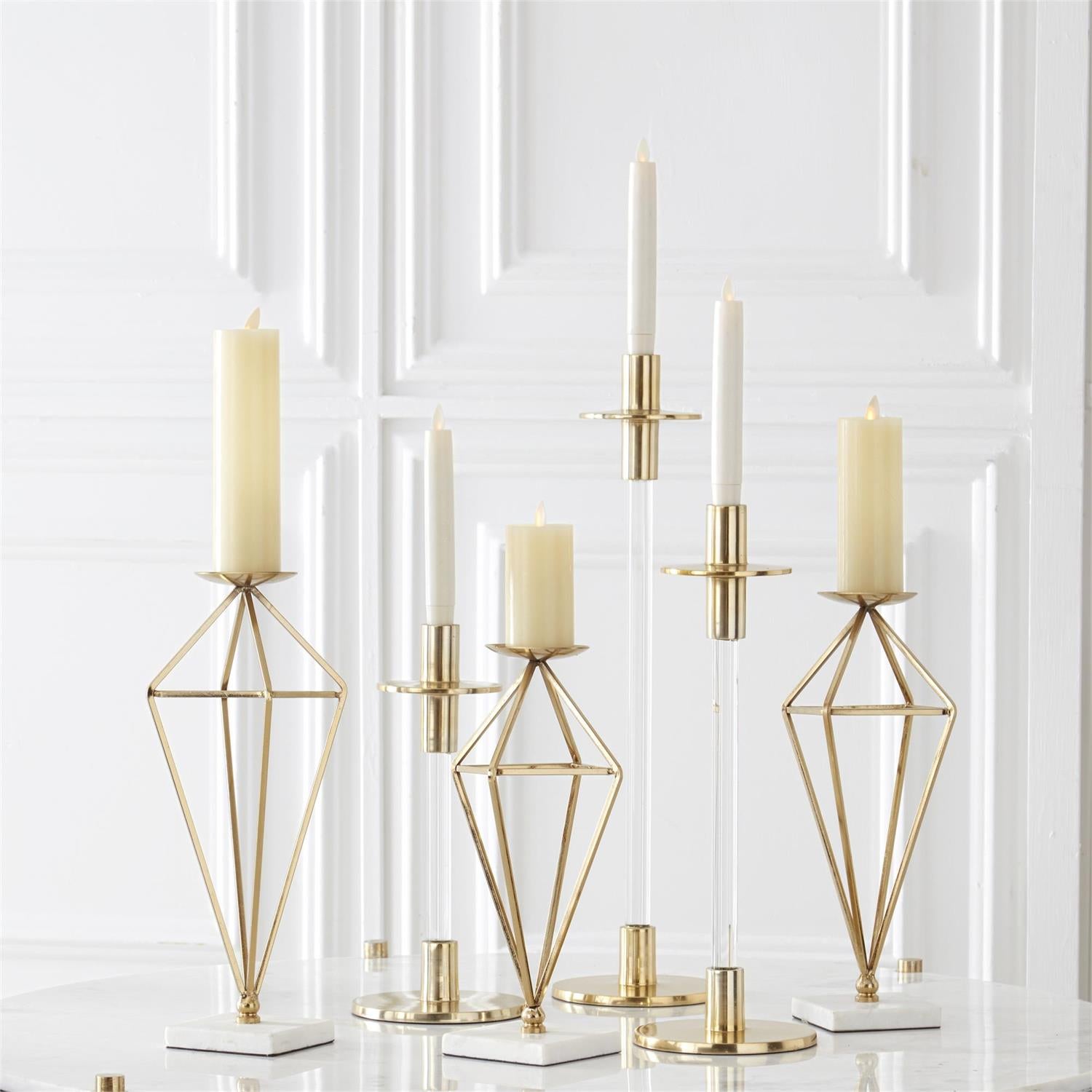 An image of K & K Acrylic Gold Metal Slender Taper Candleholders - Set of 3