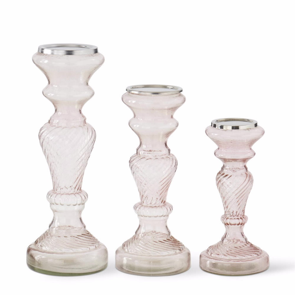 An image of K & K Pink Transparent Glass Candleholders - Set of 3