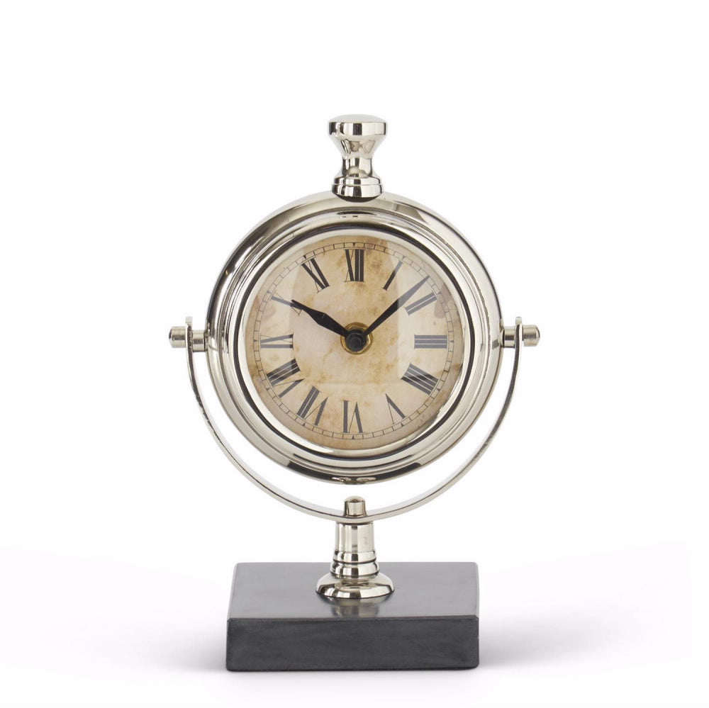 An image of K & K 9" Round Silver Metal Table Clock with Square Black Marble Base
