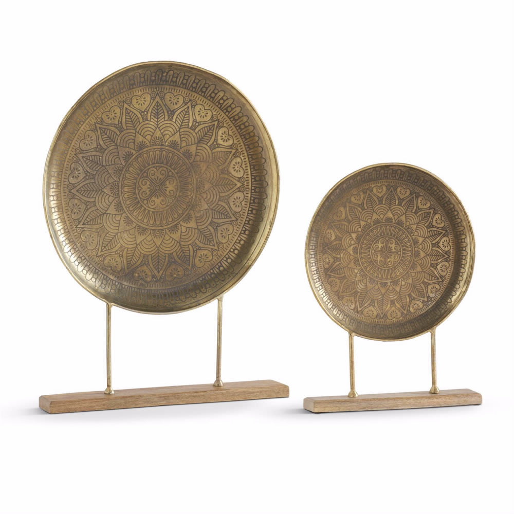 K & K Gold Medallion Sculptures on Wood Stands - Set of 2
