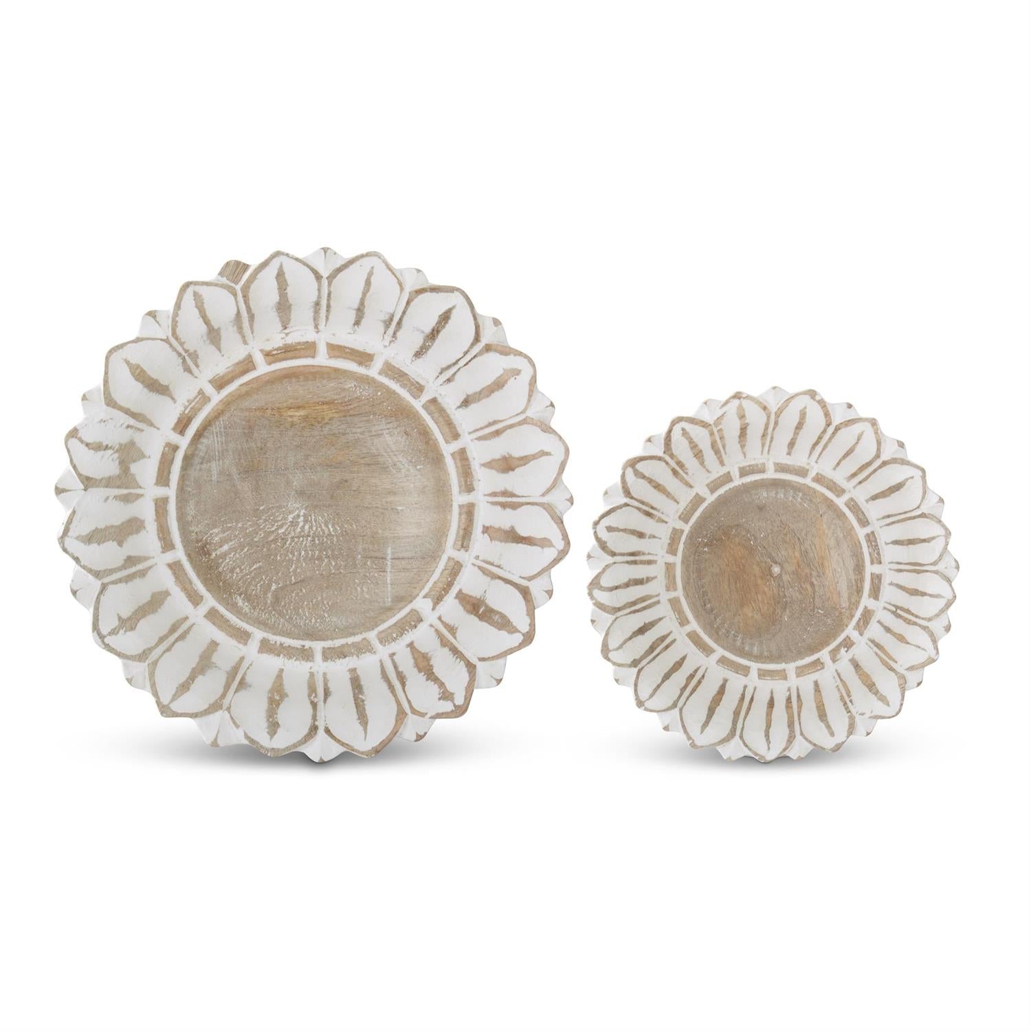 An image of K & K Nesting Whitewashed Carved Wood Flower Bowls - Set of 2