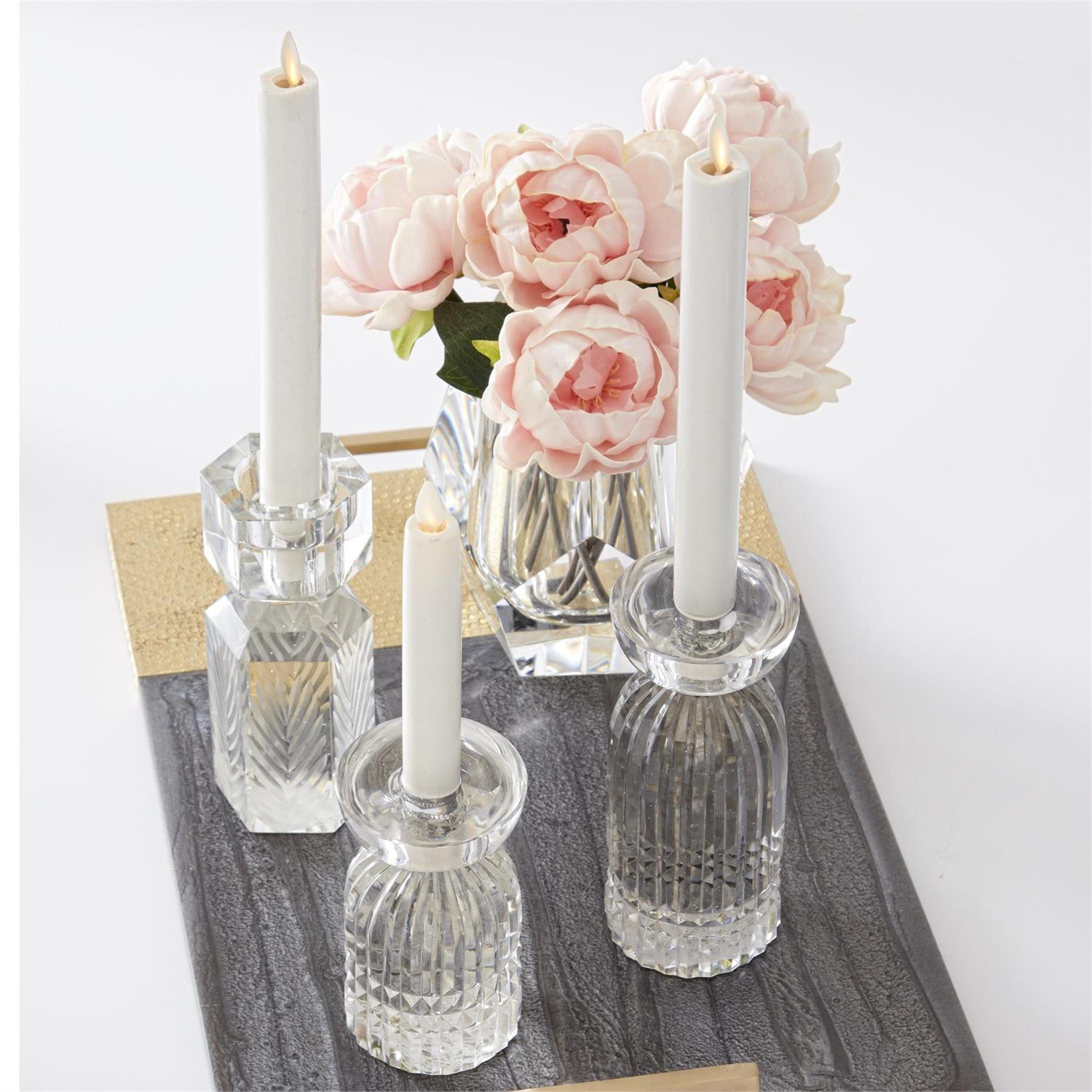 An image of K & K Clear Cut Glass Taper Candleholders - Set of 3