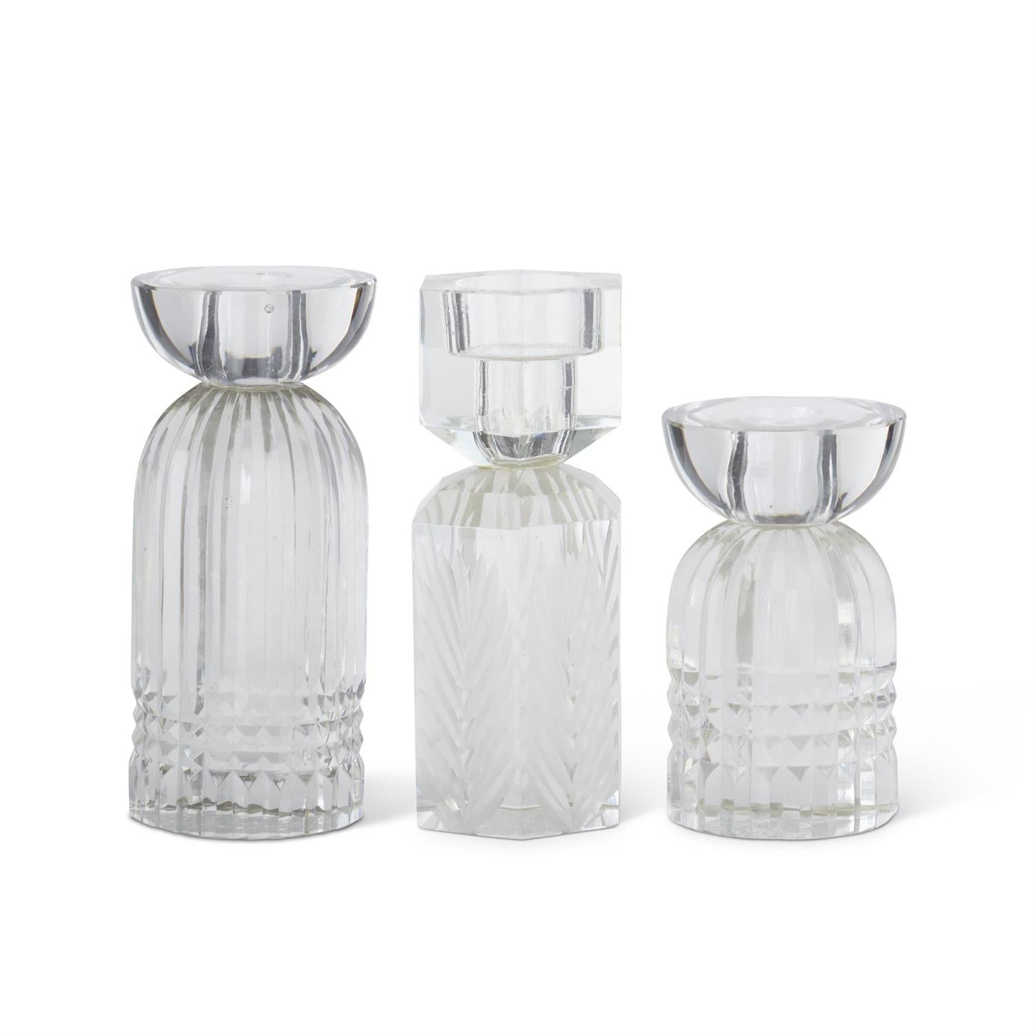 An image of K & K Clear Cut Glass Taper Candleholders - Set of 3