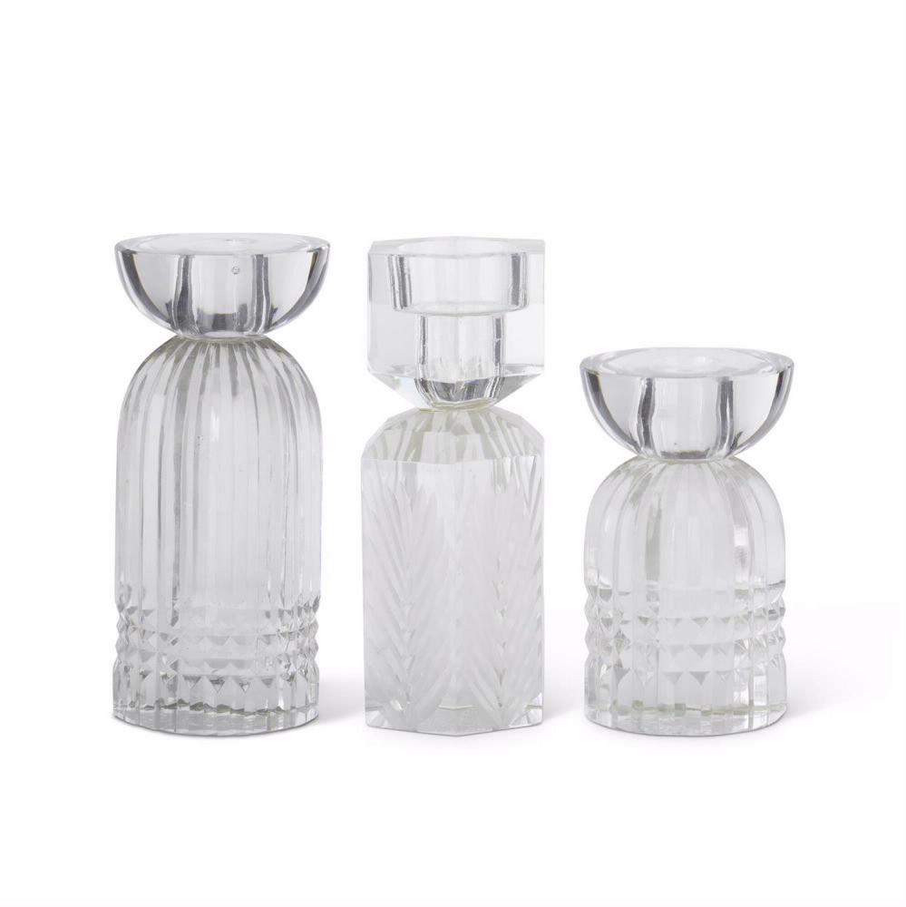K & K Clear Cut Glass Taper Candleholders - Set of 3