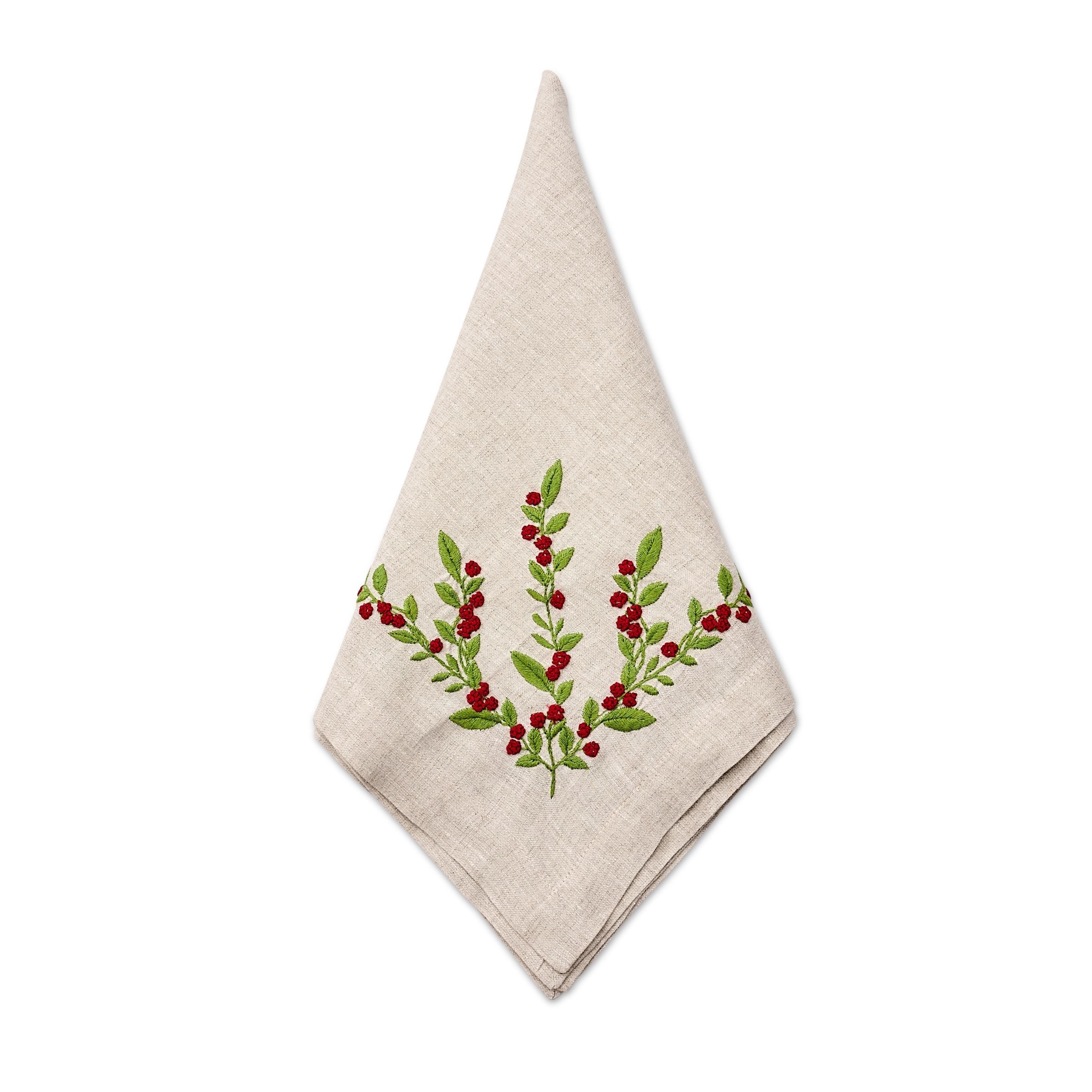 Deborah Rhodes Flax Hanging Flowers Embroidered Napkin - Red (Set of 4)