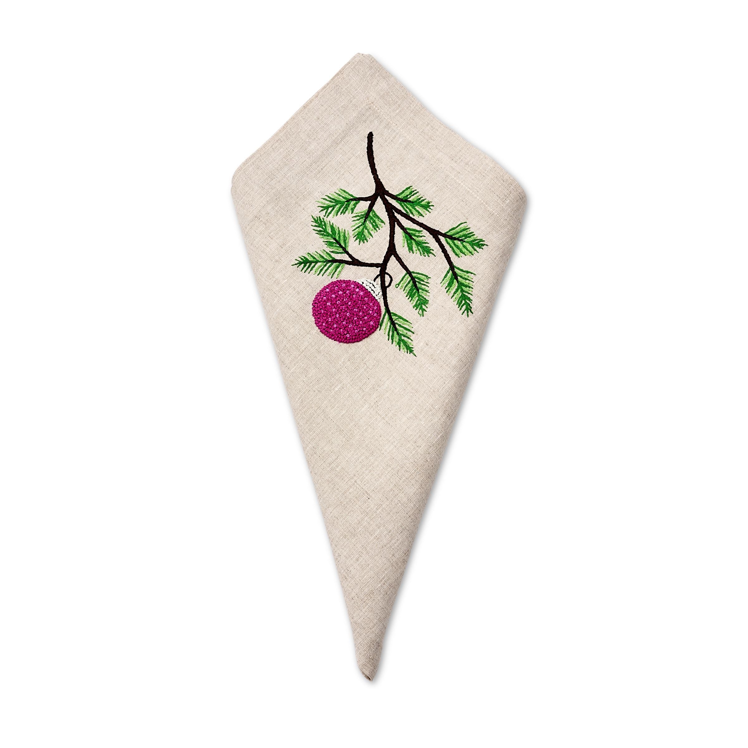 Deborah Rhodes Flax Holiday Ornament Embroidered Napkin - Cranberry (Set of 4)