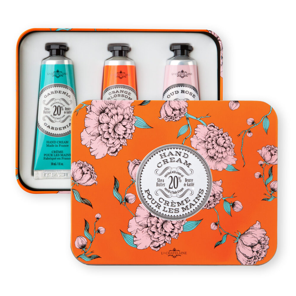 An image of La Chatelaine Hand Cream Trio Gift Set - Gardenia, Orange Blossom, Oud Rose