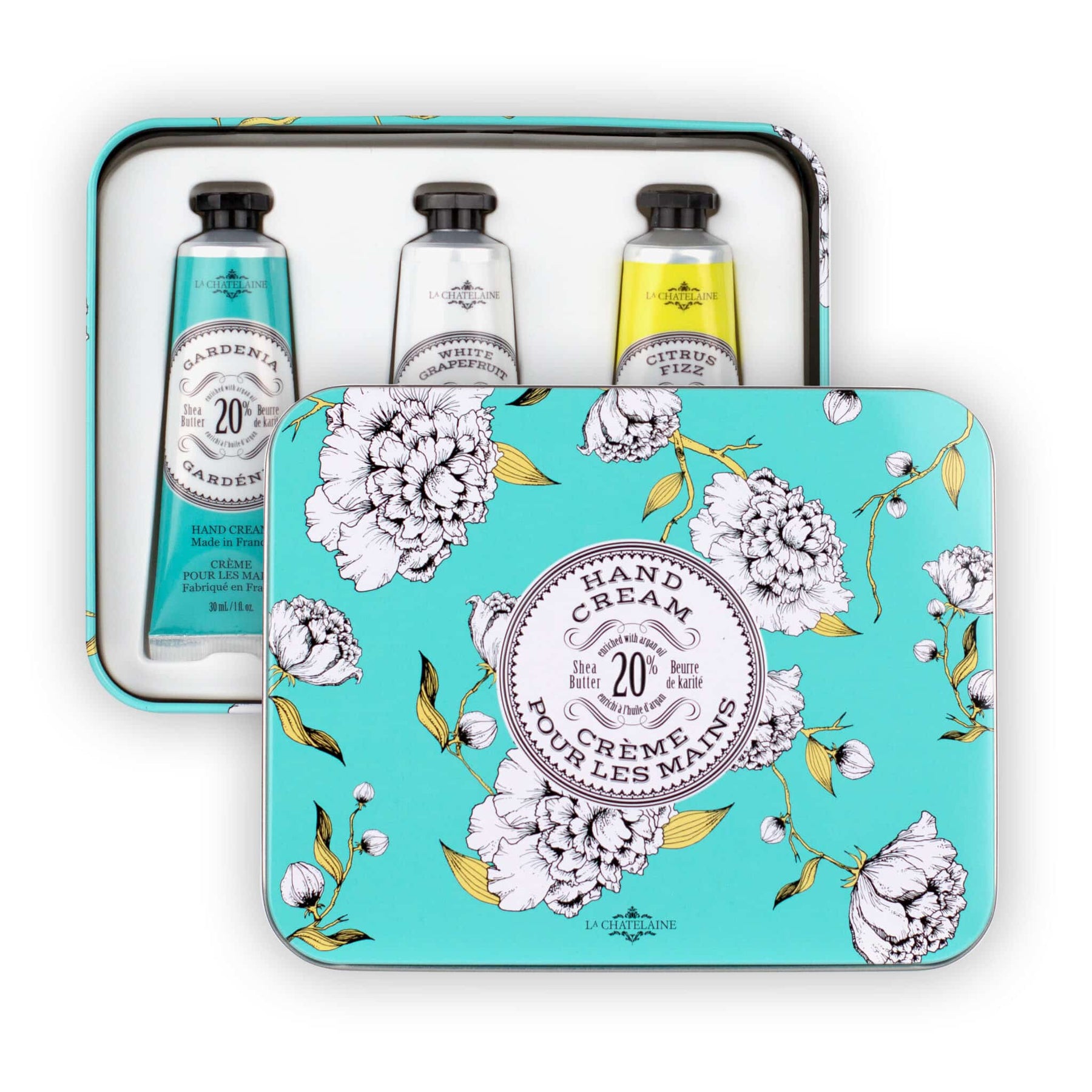 An image of La Chatelaine Hand Cream Trio Gift Set - Gardenia, White Grapefruit, Citrus Fizz