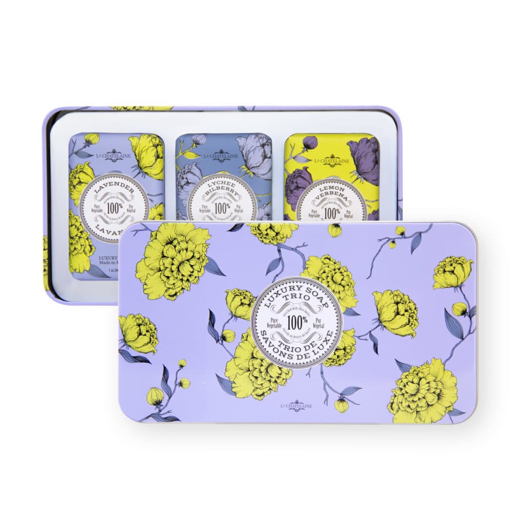 An image of La Chatelaine Luxury Soap Trio Gift Tin - Lavender, Lychee Bilberry, Lemon Verbena
