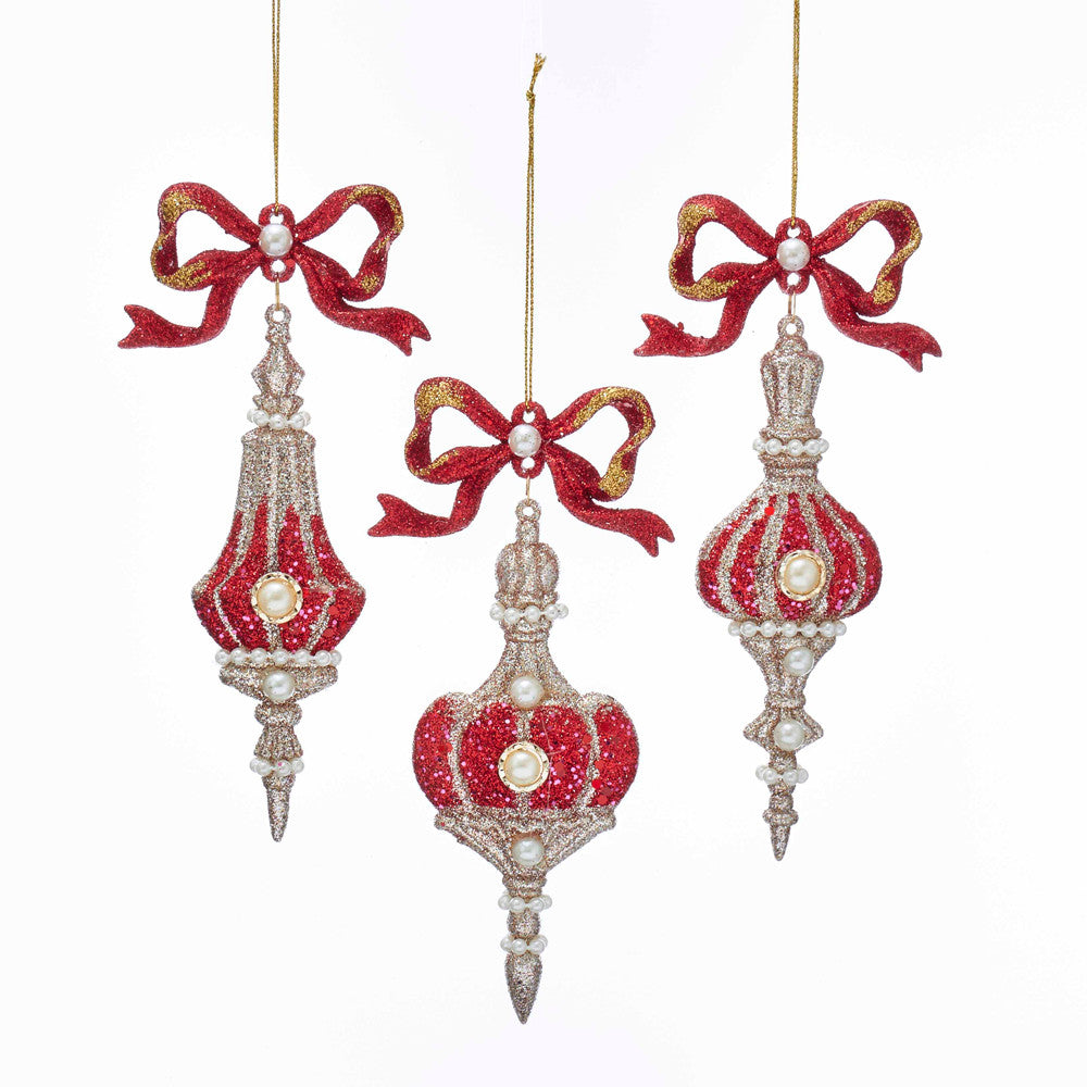 An image of Kurt Adler Platinum Ruby Red Gold Icicle with Bow Ornament