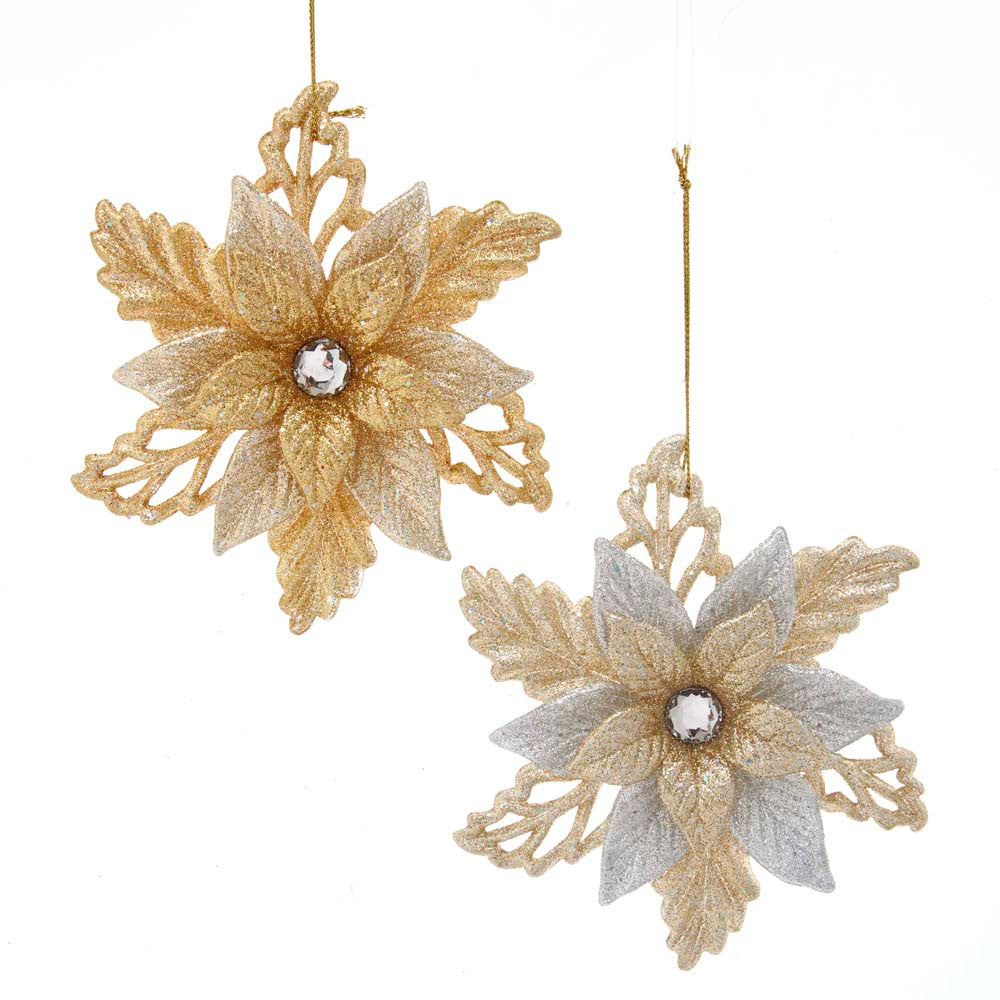 An image of Kurt Adler Gold Silver Platinum Poinsetta with Stone Ornament