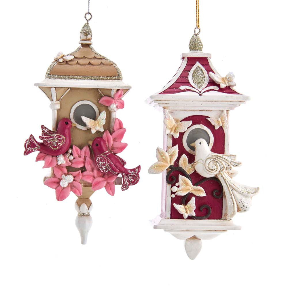 An image of Kurt Adler Burgundy and Pink Birdhouse Ornament