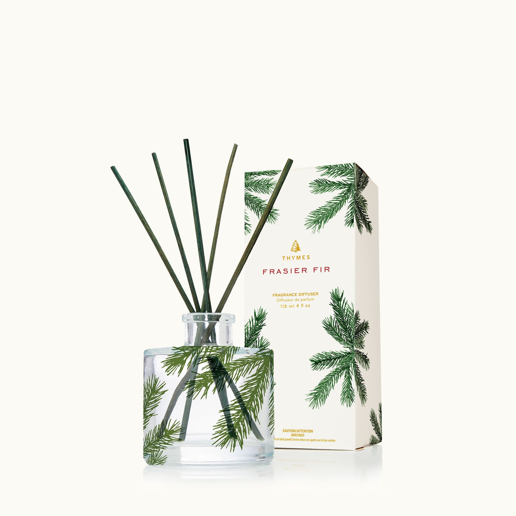 An image of Thymes Frasier Fir Pine Needle Design Petite Reed Diffuser 4 fl oz