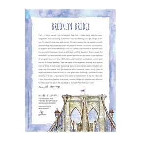 Back of Hachette Michael Storrings Brooklyn Bridge Box. Brooklyn Bridge. Psst.. I have a secret! I am in love with New York. I mean really over the moon tongue tied, heart pounding, butterflies in stomach feeling, can't get enough of the city. This love of mine never gets boring. With each season, the city presents me with different things that perpetually make me a helpless admirer. In autumn, its complexion of tangerine and honey radiates on trees and clothes the coolness of its breath sets the tone for h