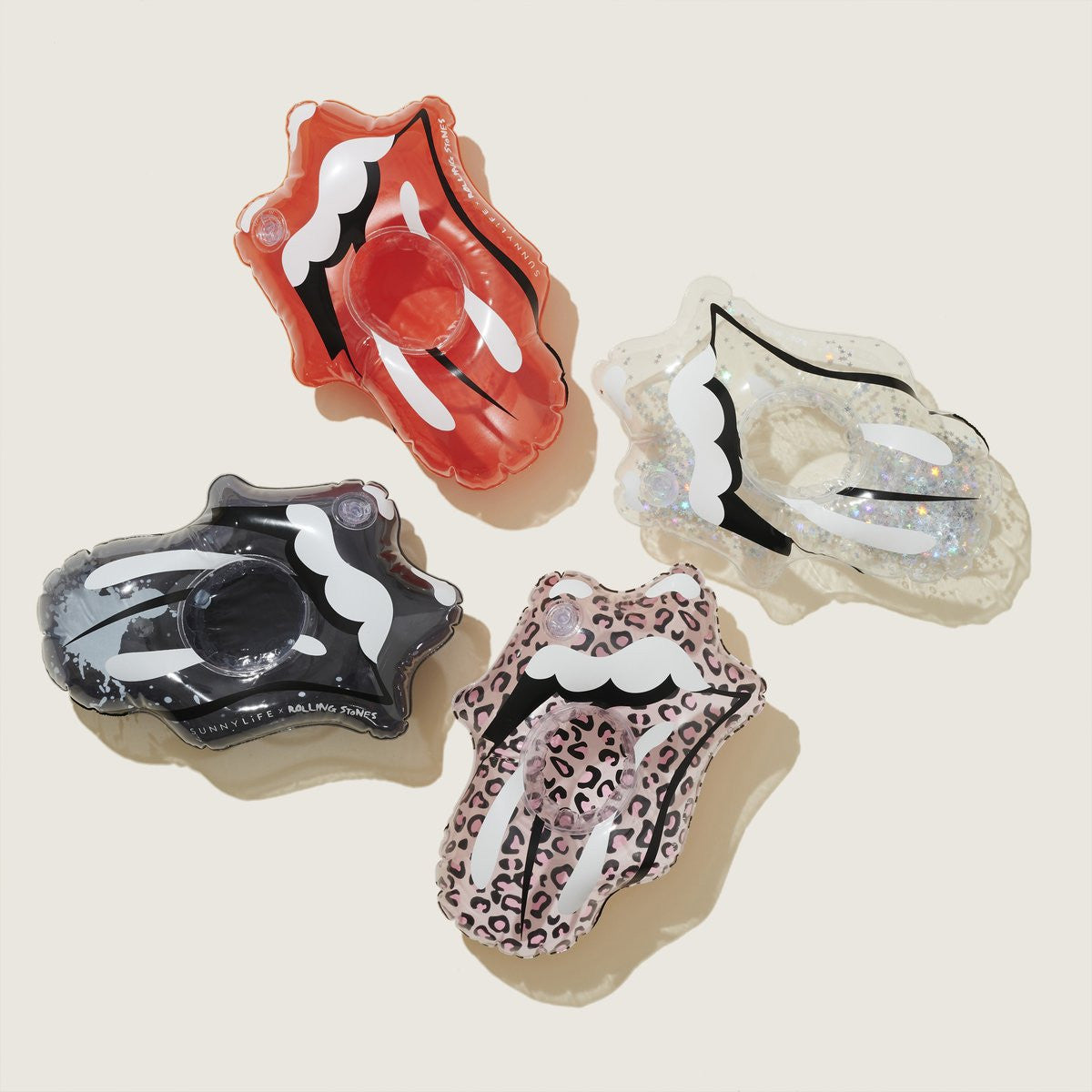 An image of Sunnylife Inflatable Drink Holders Rolling Stones Lips - Set of 4