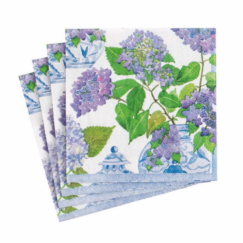 An image of Caspari Hydrangeas & Porcelain Cocktail Napkins
