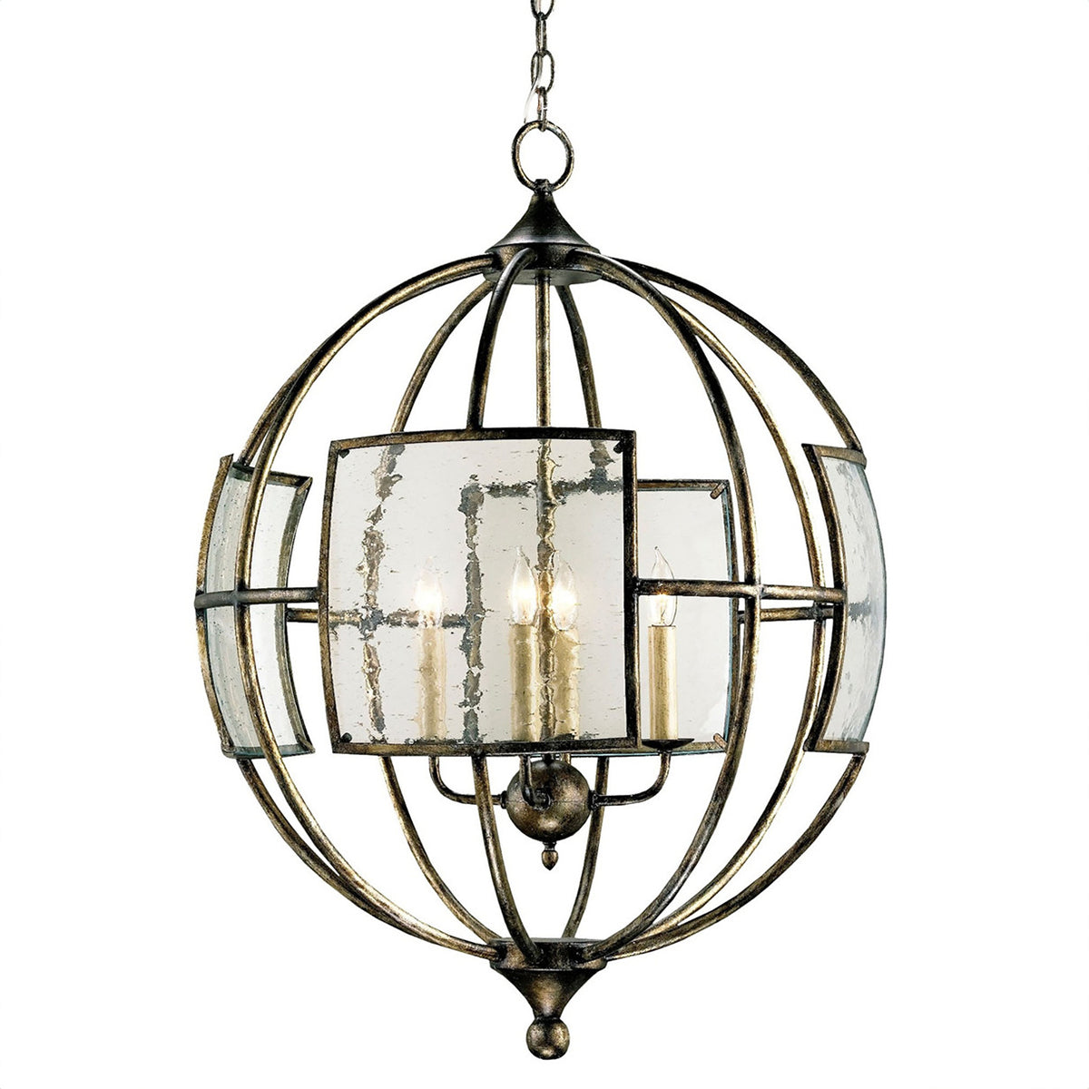An image of Currey & Company Broxton Bronze Orb Wrought Iron/Seeded Glass Chandelier - H: 32" Dia: 24"