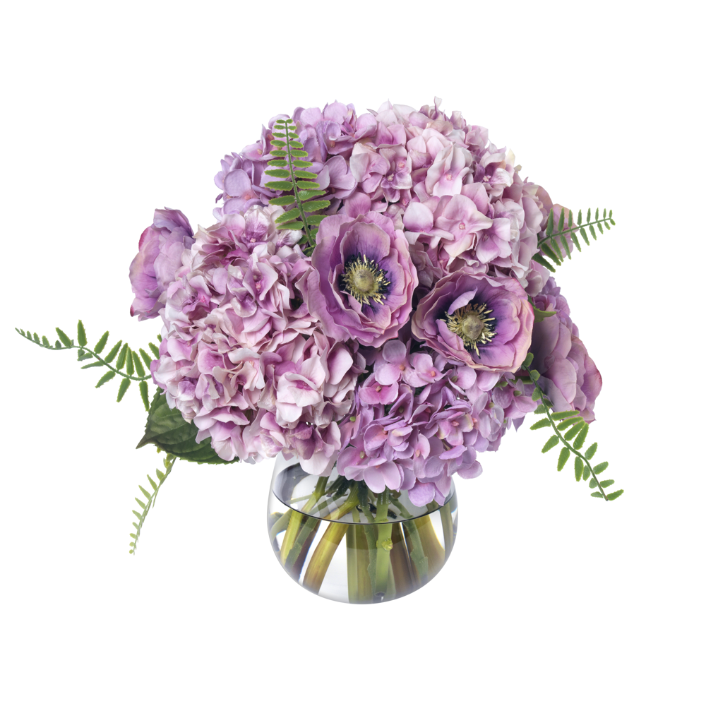 Diane James Lavender hydrangea and anemones in gray glass vase