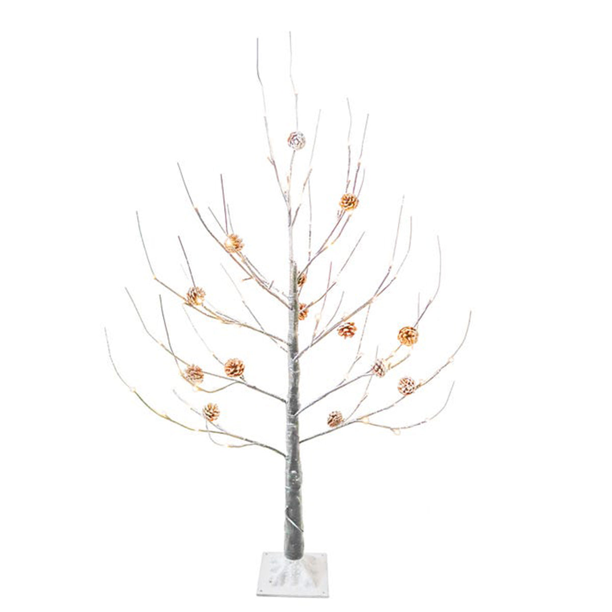 An image of Kurt Adler Pre-Lit Warm White Fairy LED Flocked Brown Twig Tree with Pinecones