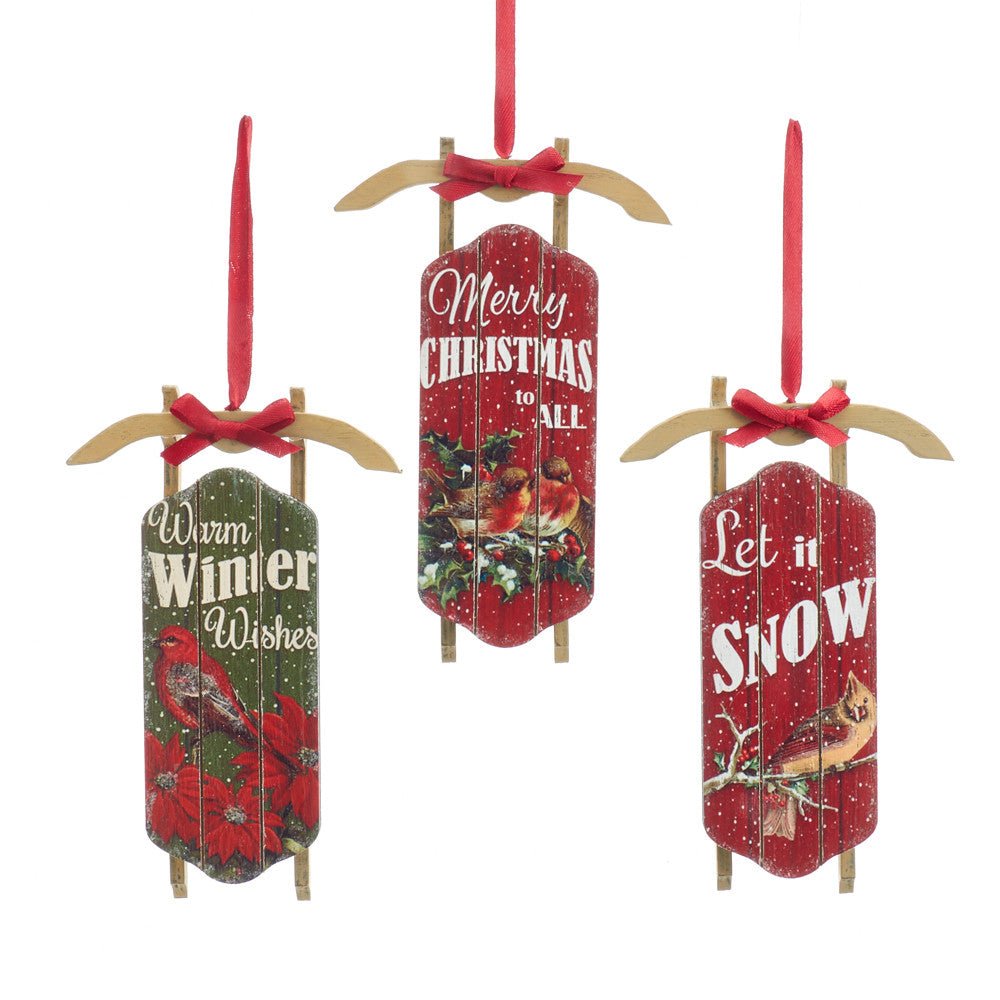 An image of Kurt Adler Wooden Sled with Winder Bird and Saying