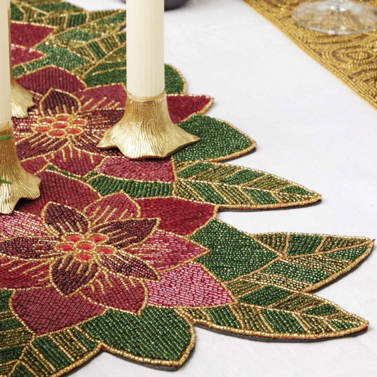 An image of Blue Pheasant Marissa Poinsettia Décor Glass Beads Table Runner