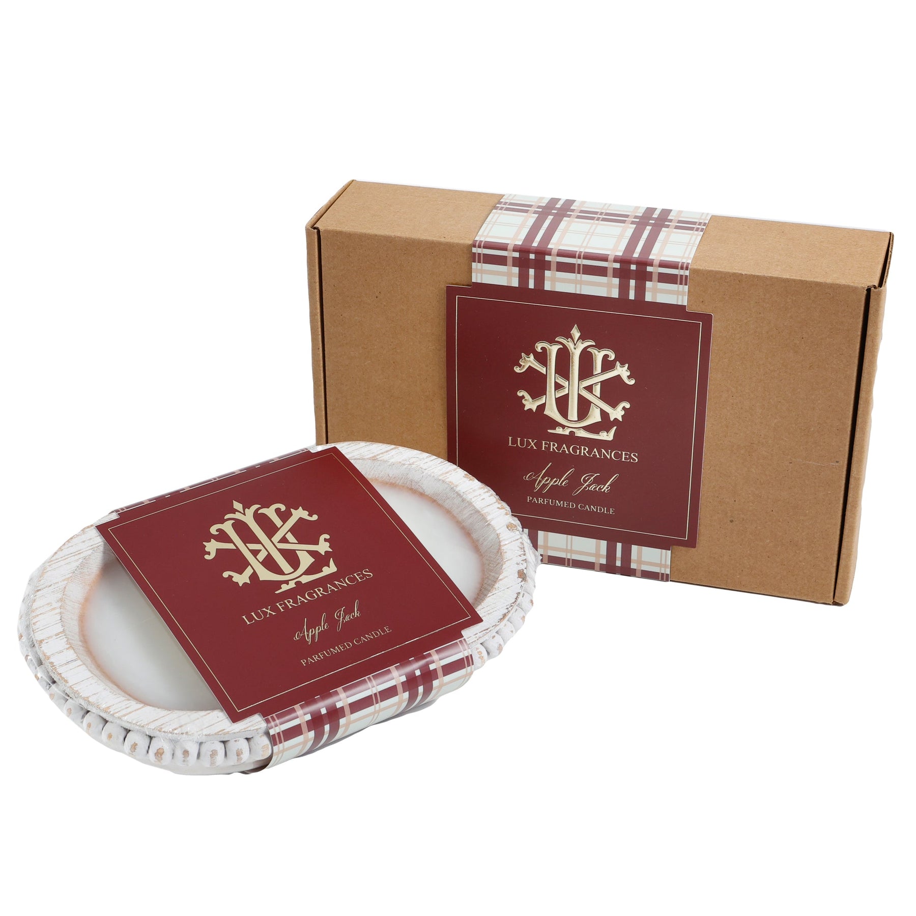 An image of Lux Fragrances Apple Jack Fragrance 3-Wick Wooden Dough Bowl Candle