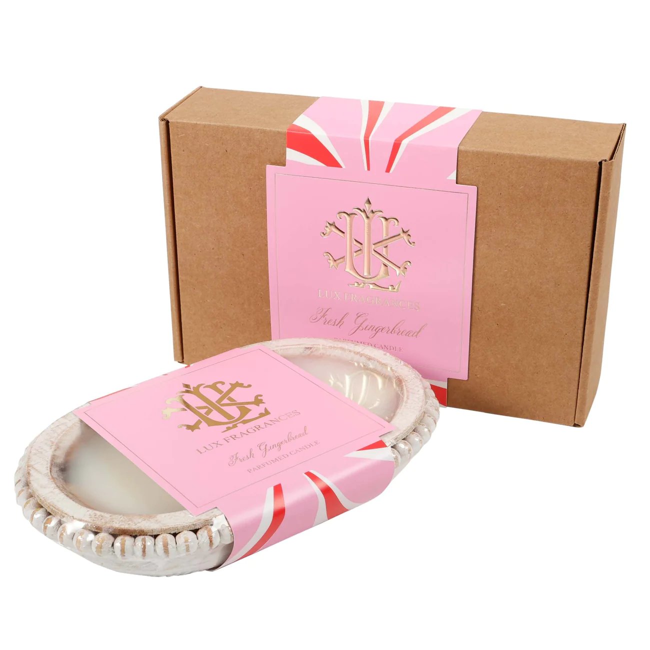 An image of Lux Fragrances Fresh Gingerbread 3-Wick Wooden Dough Bowl Candle