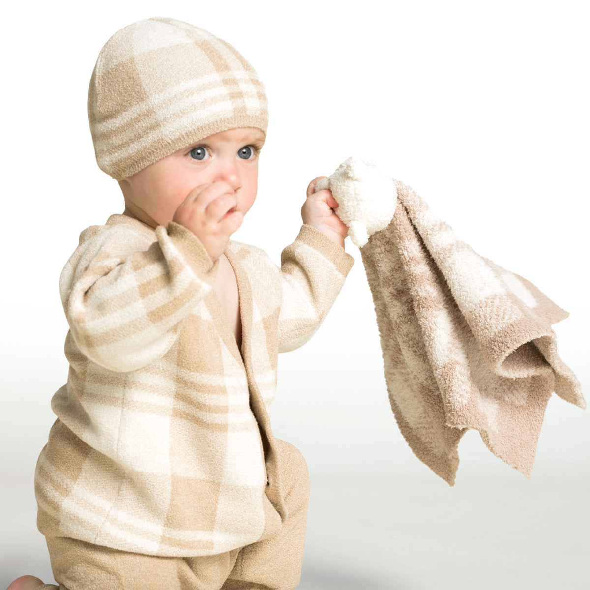 An image of Barefoot Dreams CozyChic Ultra Lite Plaid Baby Bundle Cream, Tan- 6-12 months