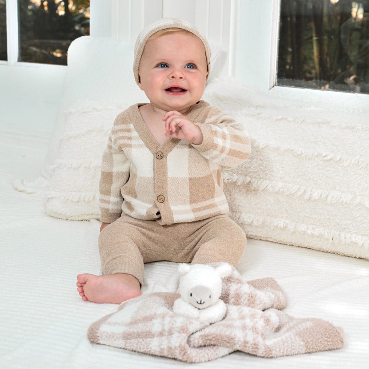 An image of Barefoot Dreams CozyChic Ultra Lite Plaid Baby Bundle Cream, Tan- 12-18 months
