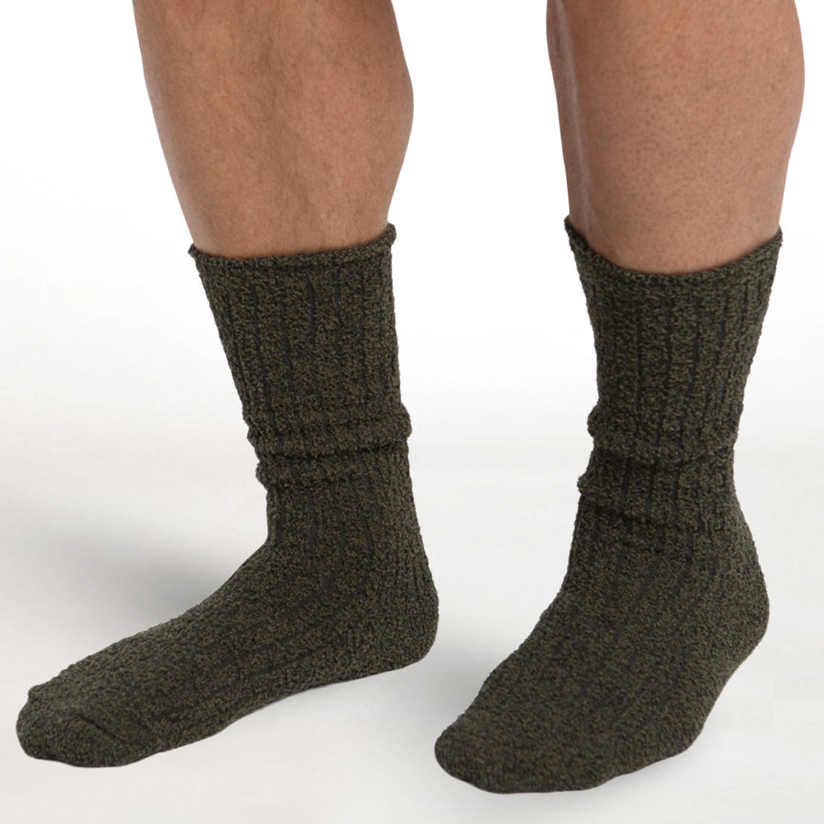 An image of Barefoot Dreams CozyChic Men fts Ribbed Socks Heathered Olive ,  Carbon