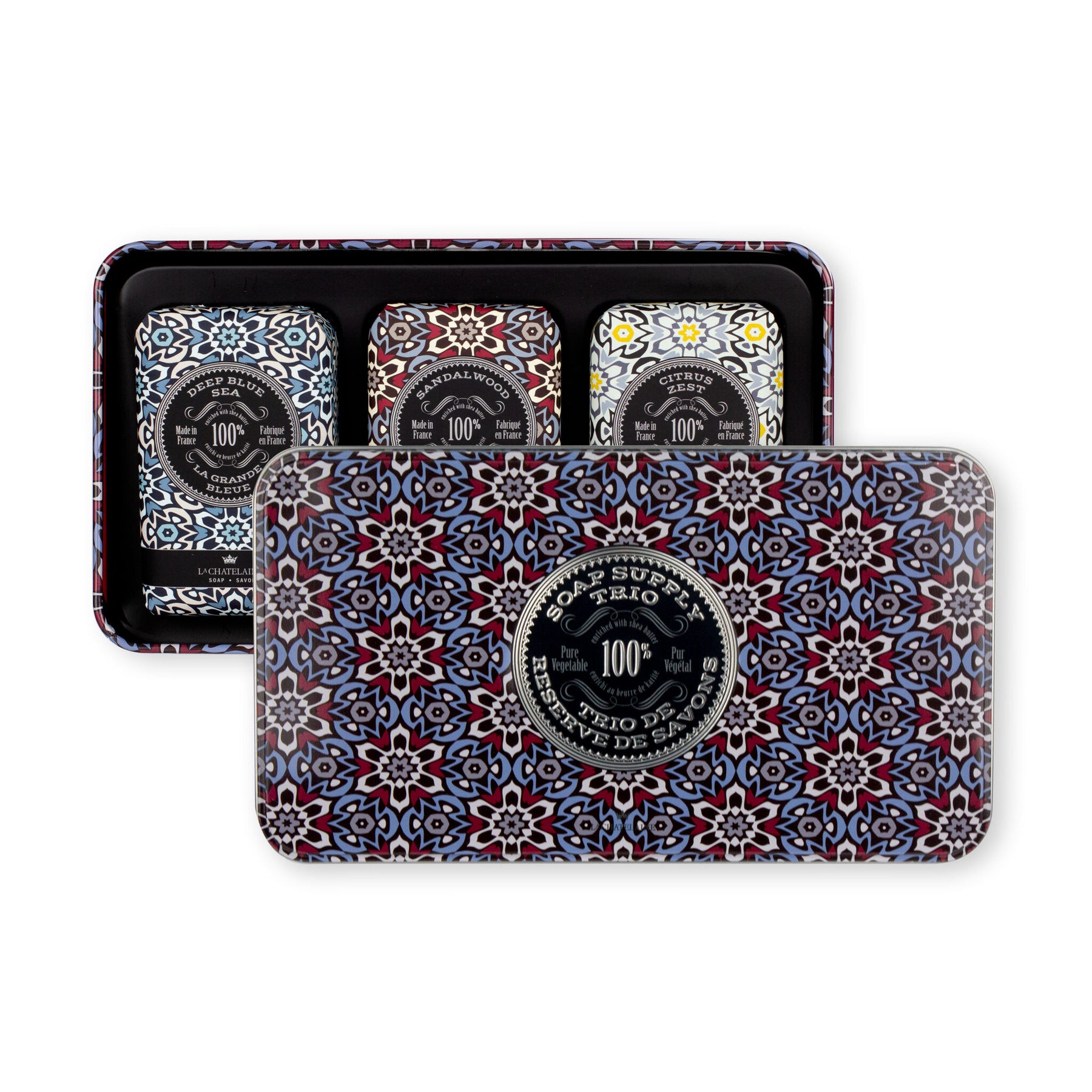 An image of La Chatelaine Mosaic Soap Supply Trio Gift Tin: Deep Blue Sea, Sandalwood, Citrus Zest