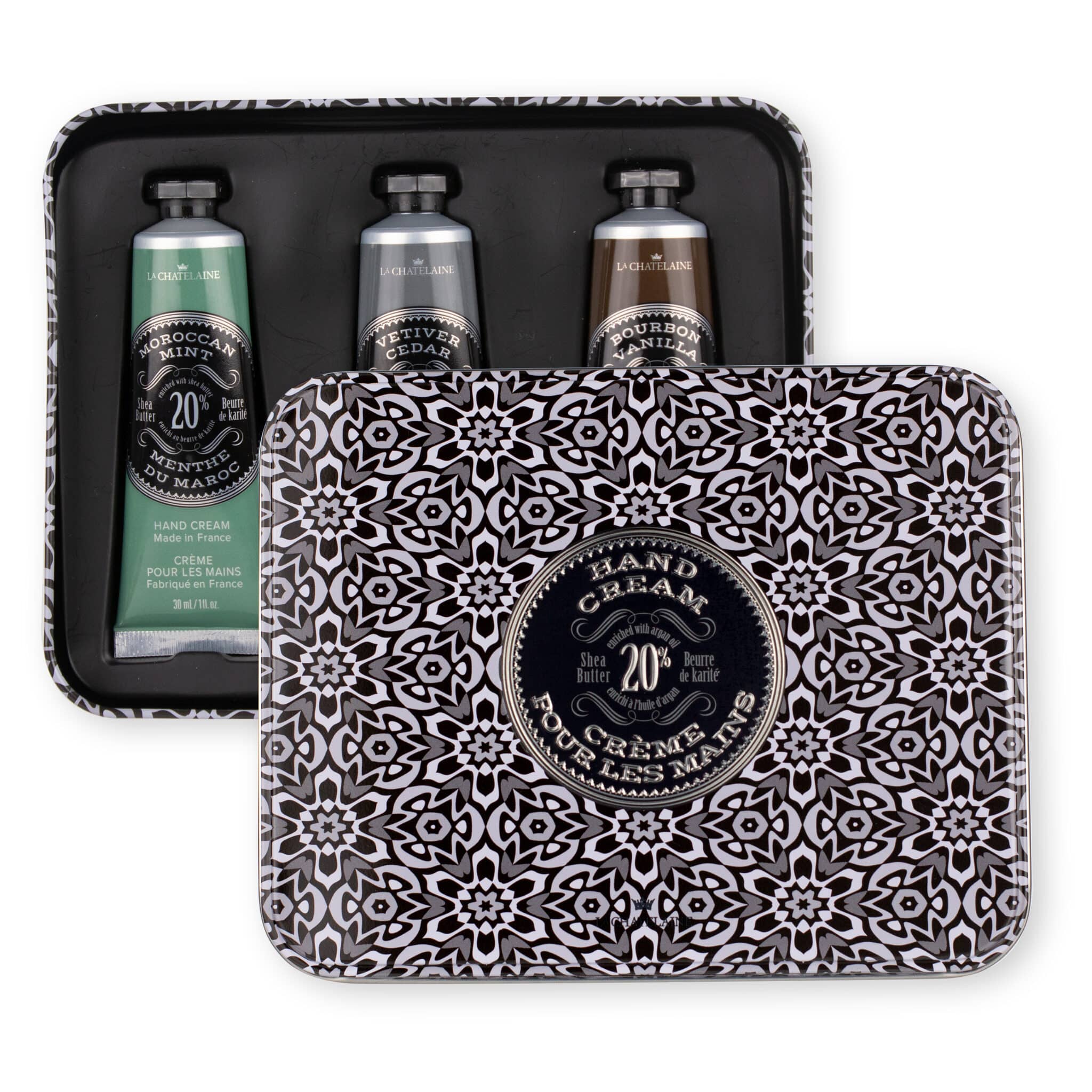 La Chatelaine Mosaic Hand Cream Trio: Moroccan Mint, Vetiver Cedar, Bourbon Vanilla