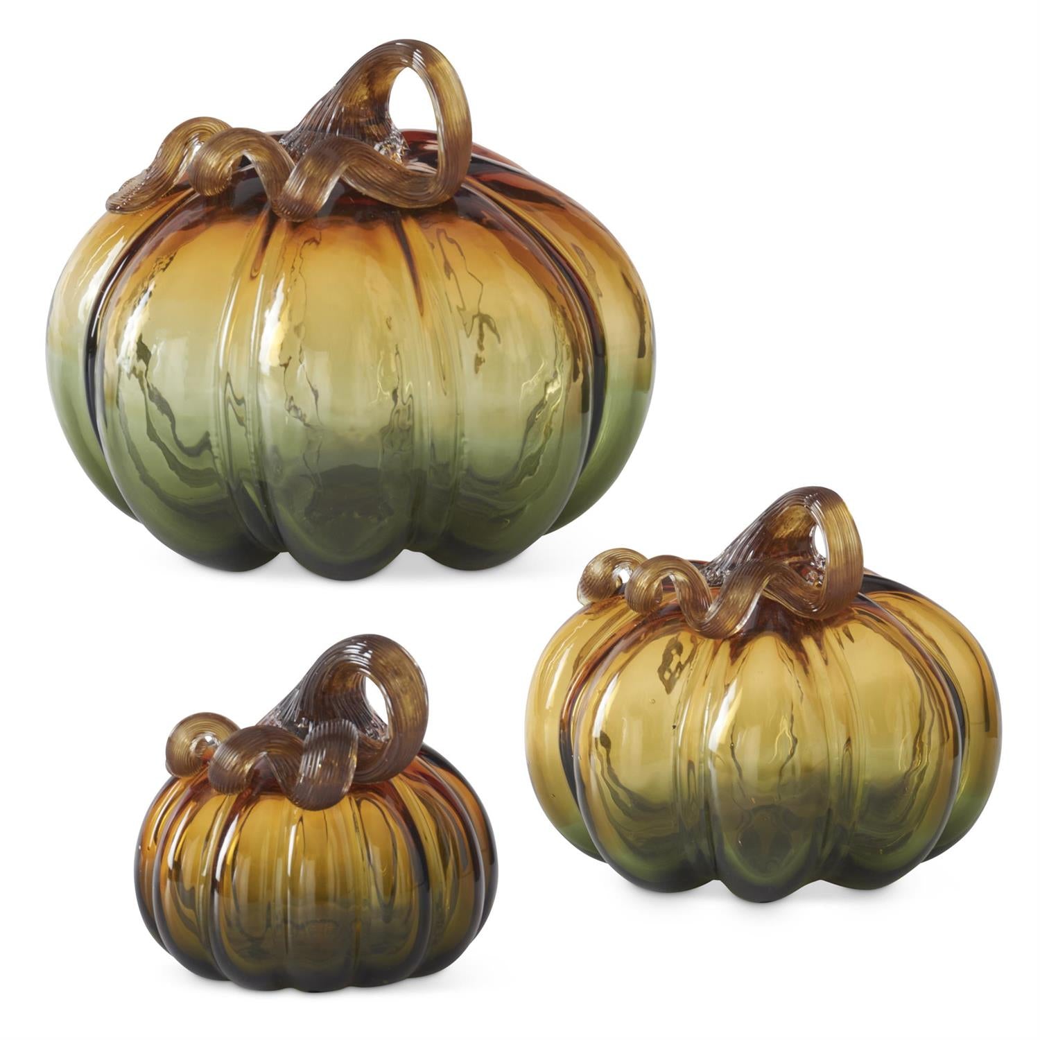 K&K Interiors Green & Amber Glass Pumpkins - Set of 3