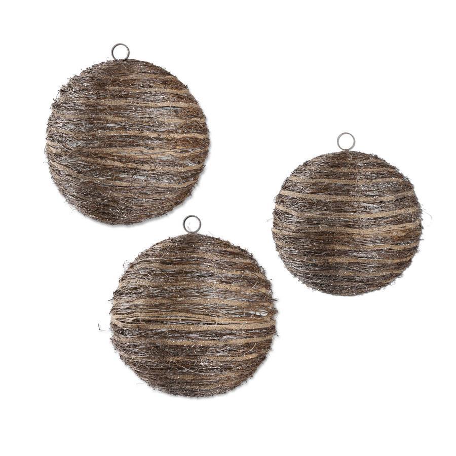 An image of K & K Glittered Rattan and Sisal Large Round Ornament - Set of 3