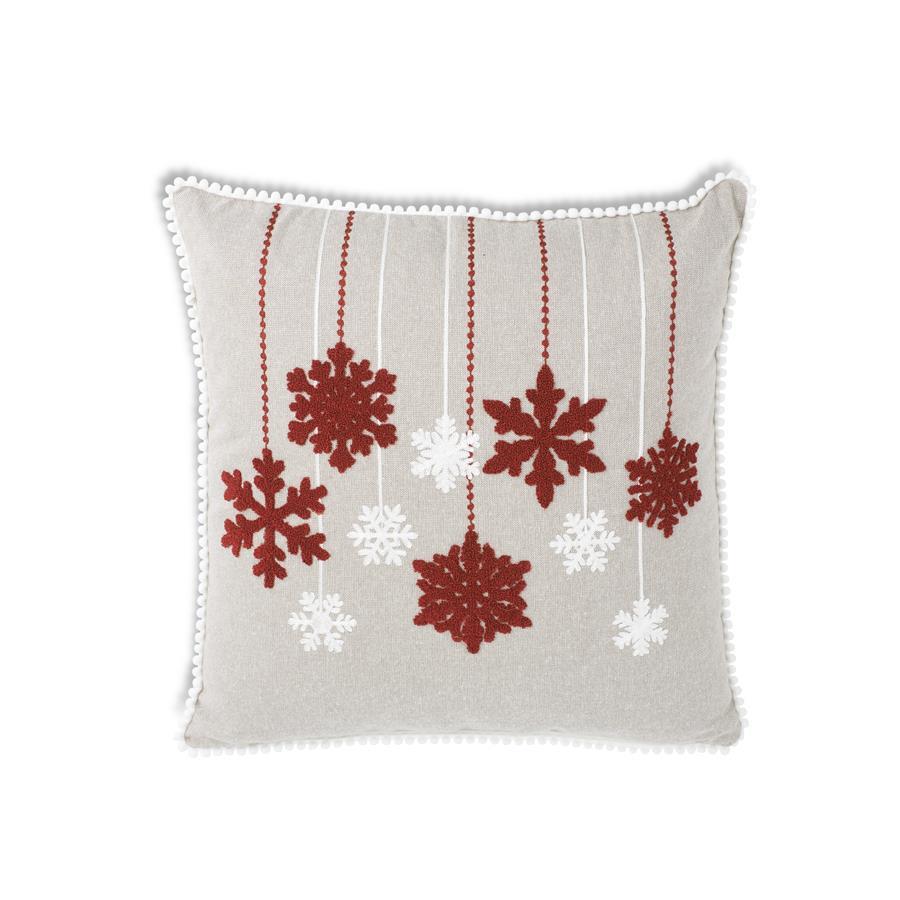 K & K Linen Square Pillow with Red & White Hanging Snowflakes