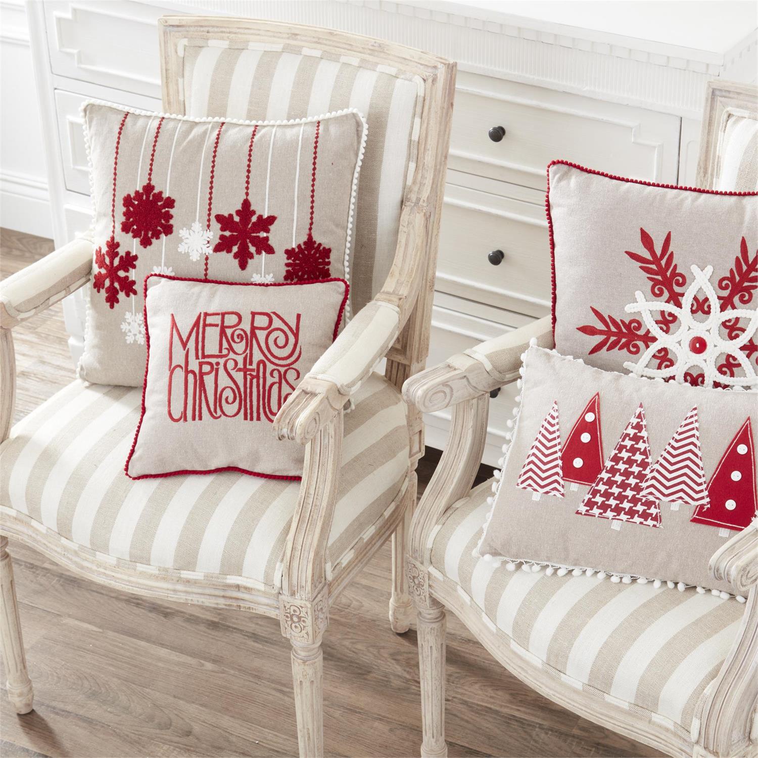 K & K Linen Square Pillow with Red & White Hanging Snowflakes